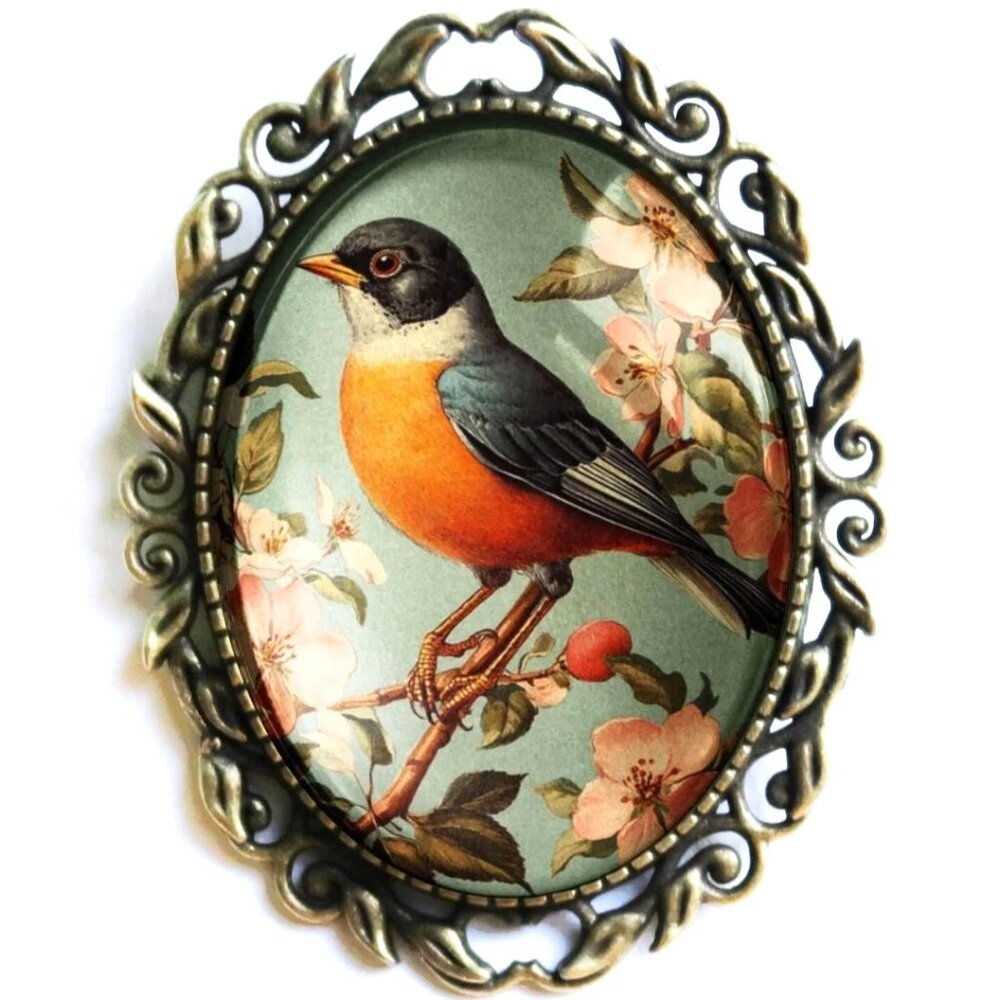Vintage Robin Brooch - Large Oval Spring Bird Pin - Vintage‎ Antique Jewelry